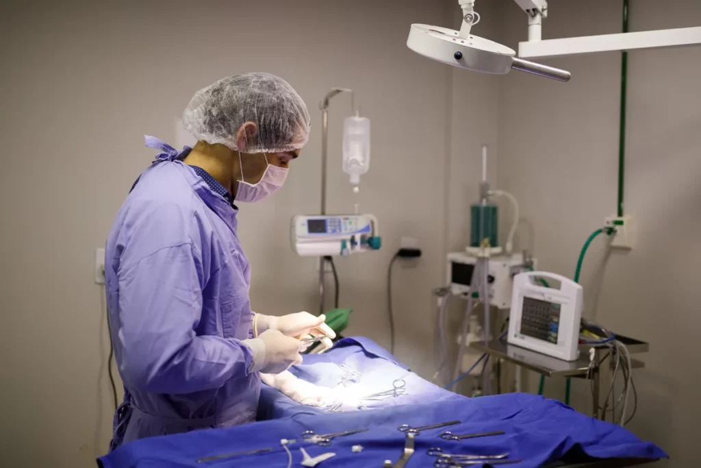 O que postar no Instagram: um médico veterinária está em uma sala de operação, totalmente equipado com EPIs e na maca não é possível identificar o animal, pois a imagem não está focada nessa parte.
