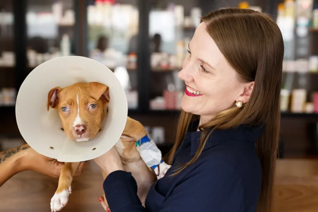O que postar no Instagram: uma mulher a direita da foto, de cabelos castanhos e batom vermelho olha e sorri para um cachorro que está a esquerda da foto. Ele está de frente para a câmera e usa um colar Elizabetano.